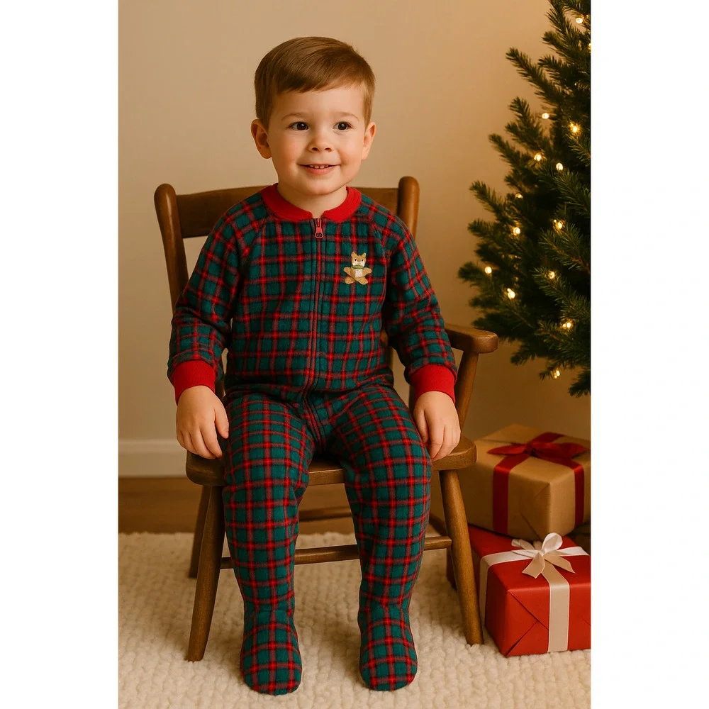 🧸 Vintage Carter’s 90s Fleece Pajamas – 4T Plaid Footed Sleepwear w/ Teddy Bear